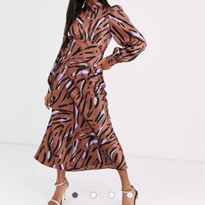 ASOS DESIGN Maxi satin tea dress with collar in Abstract Zebra print